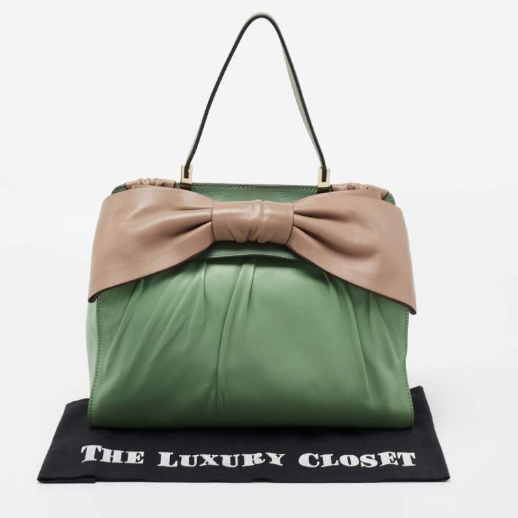 Pre Owned Valentino Green/Dusty Pink Leather Aphrodite Bow Top Handle Bag