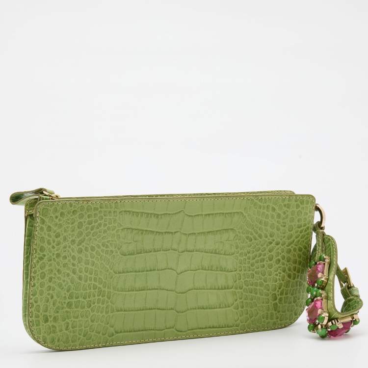 Pre Owned Valentino Green Croc Embossed Leather Crystal Embellished Clutch