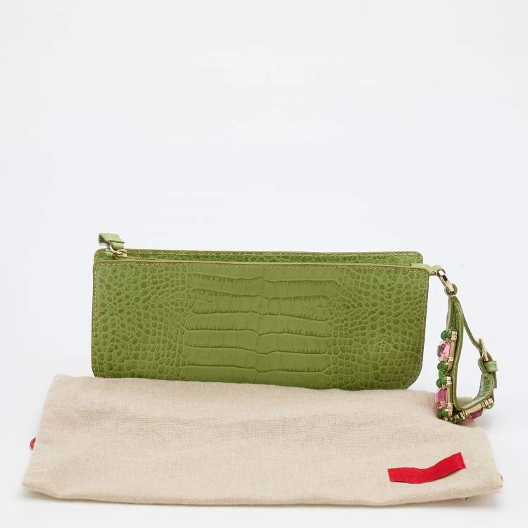 Pre Owned Valentino Green Croc Embossed Leather Crystal Embellished Clutch