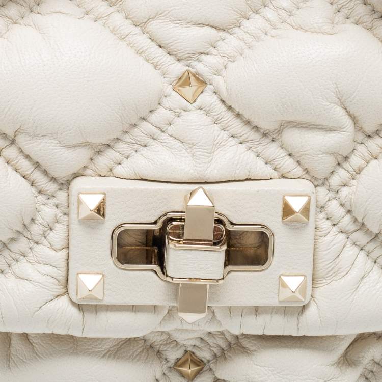Pre Owned Valentino Off White Diamond Quilt Padded Leather Rockstud Shoulder Bag
