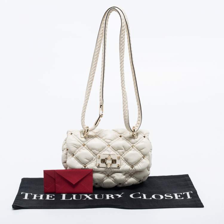 Pre Owned Valentino Off White Diamond Quilt Padded Leather Rockstud Shoulder Bag