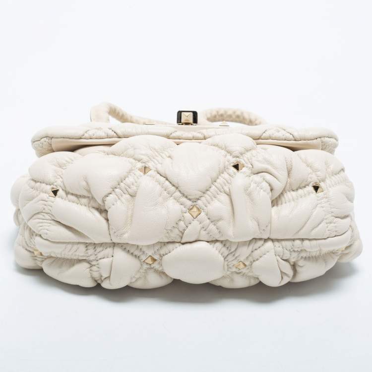 Pre Owned Valentino Off White Diamond Quilt Padded Leather Rockstud Shoulder Bag