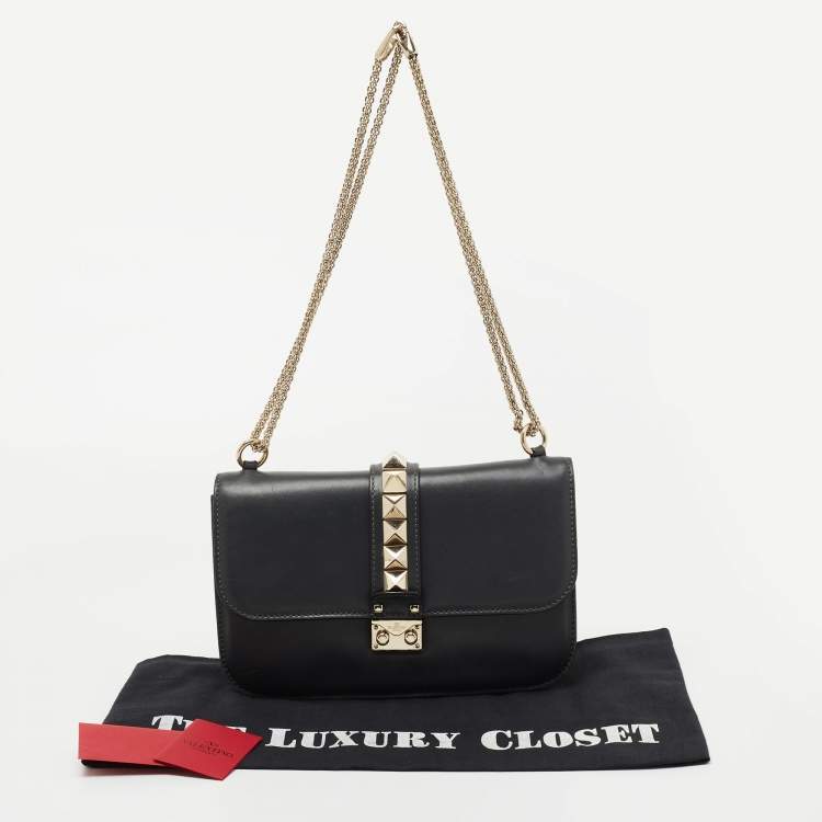 Pre Owned Valentino Dark Grey Leather Rockstud Medium Glam Lock Flap Shoulder Bag