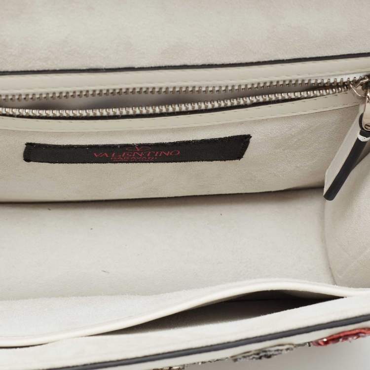 Pre Owned Valentino White Leather Small Crystal, Beaded Embellished Rockstud Glam Lock Flap Bag