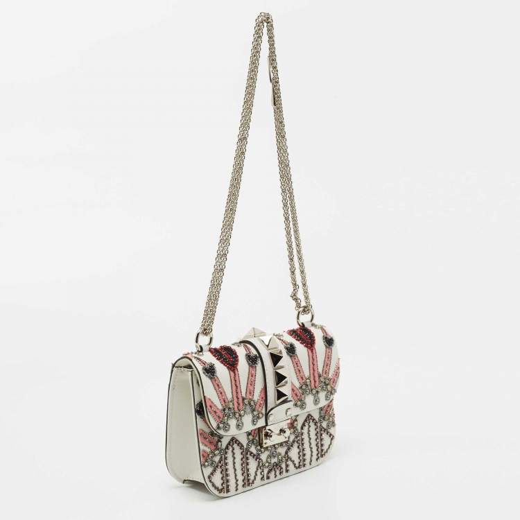 Pre Owned Valentino White Leather Small Crystal, Beaded Embellished Rockstud Glam Lock Flap Bag