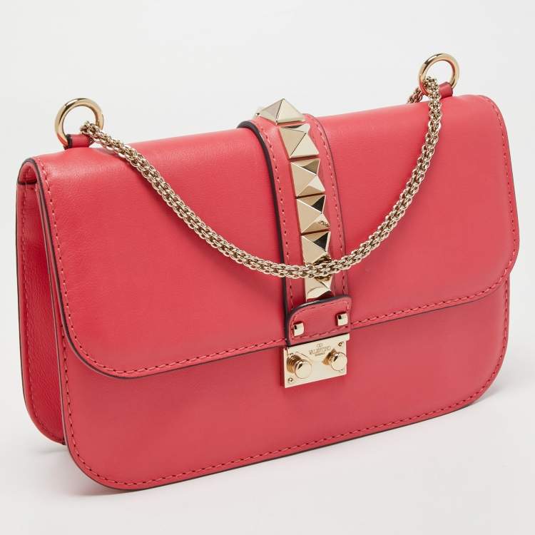 Pre Owned Valentino Pink Leather Medium Rockstud Glam Lock Flap Bag