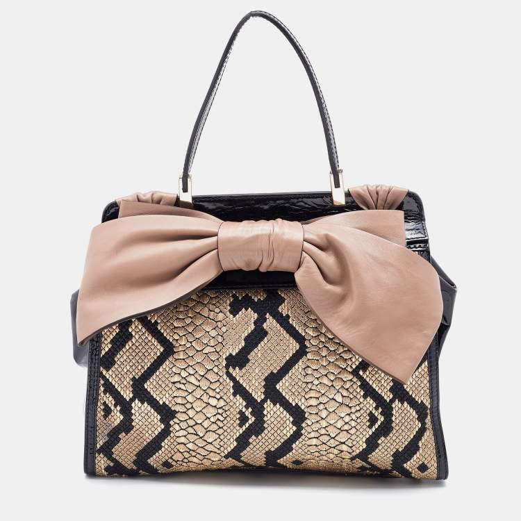 مملوكة مسبقًا Valentino Multicolor Python Print Raffia and Patent Leather Aphrodite Bow Top Handle Bag