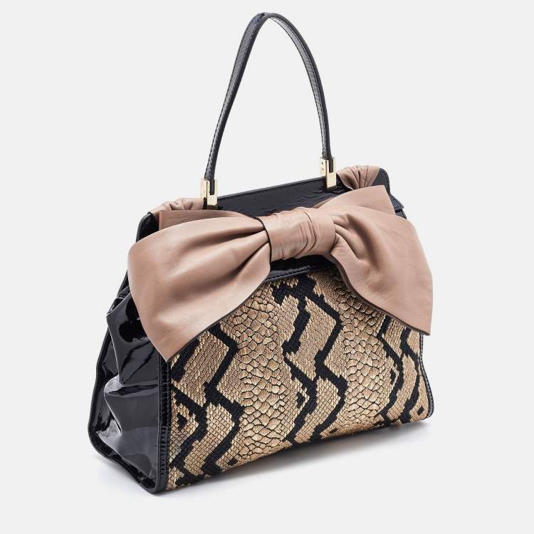 مملوكة مسبقًا Valentino Multicolor Python Print Raffia and Patent Leather Aphrodite Bow Top Handle Bag