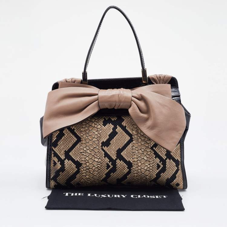 مملوكة مسبقًا Valentino Multicolor Python Print Raffia and Patent Leather Aphrodite Bow Top Handle Bag