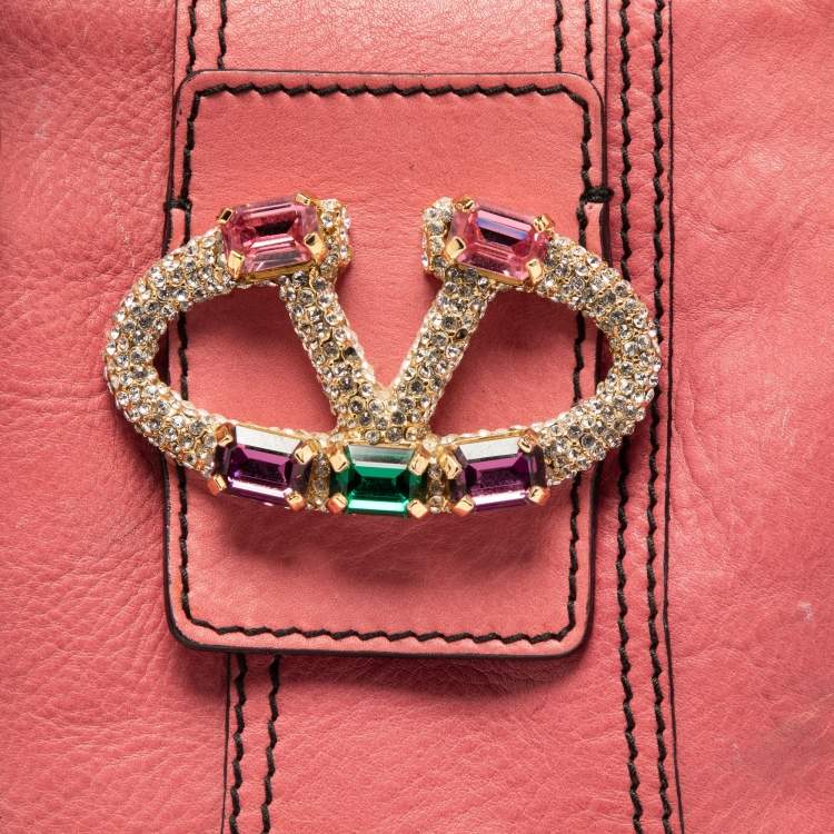 Pre Owned Valentino Pink Leather Crystal V Logo Tote