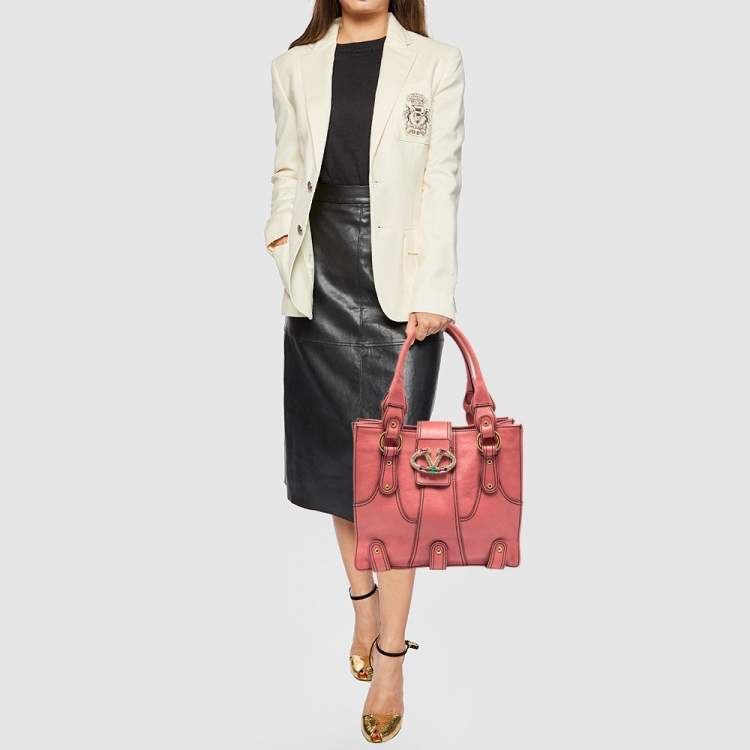 Pre Owned Valentino Pink Leather Crystal V Logo Tote