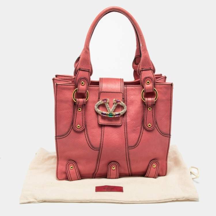 Pre Owned Valentino Pink Leather Crystal V Logo Tote