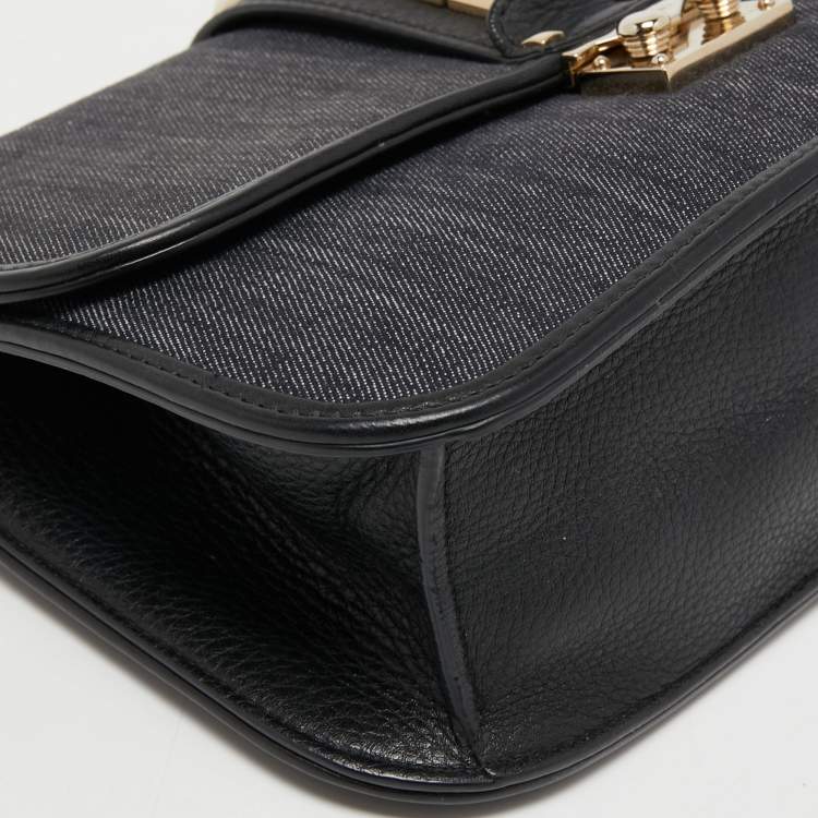 Pre Owned Valentino Black/Navy Blue Denim and Leather Medium Rockstud Glam Lock Flap Bag