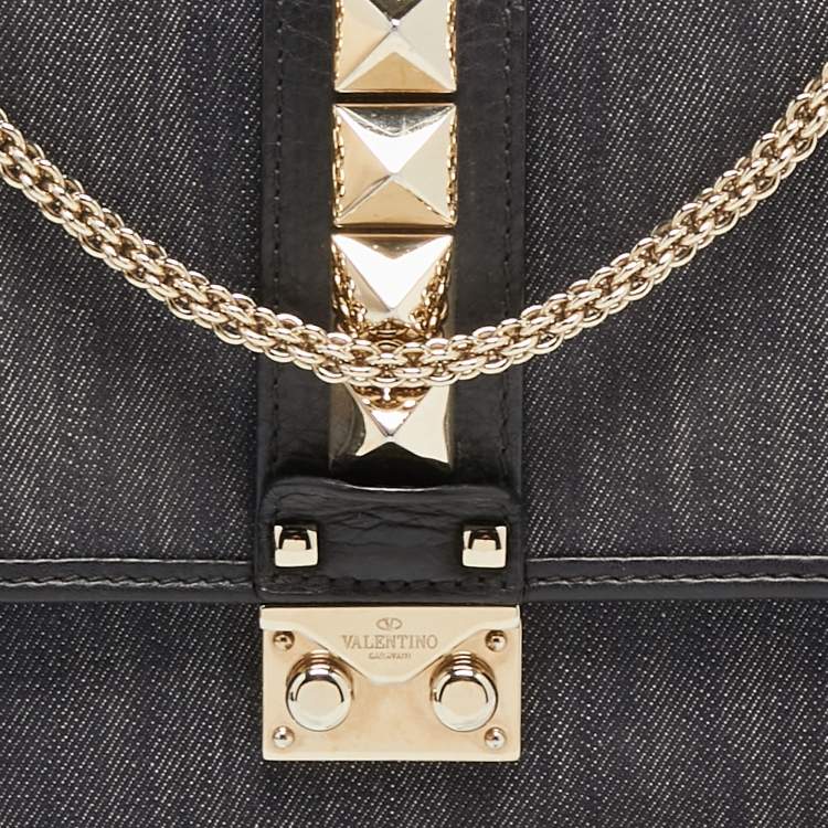Pre Owned Valentino Black/Navy Blue Denim and Leather Medium Rockstud Glam Lock Flap Bag
