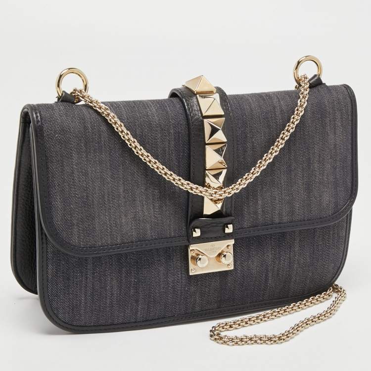 Pre Owned Valentino Black/Navy Blue Denim and Leather Medium Rockstud Glam Lock Flap Bag