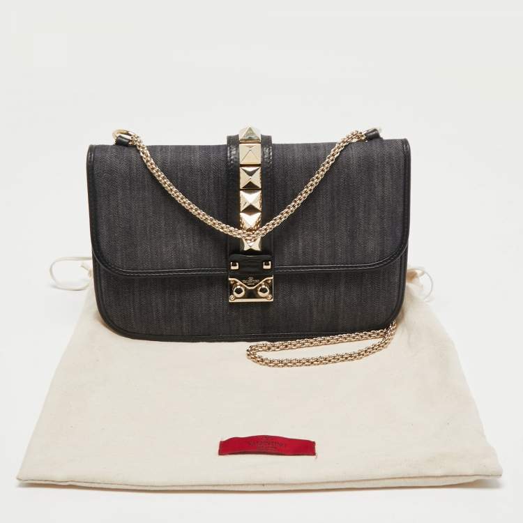 Pre Owned Valentino Black/Navy Blue Denim and Leather Medium Rockstud Glam Lock Flap Bag