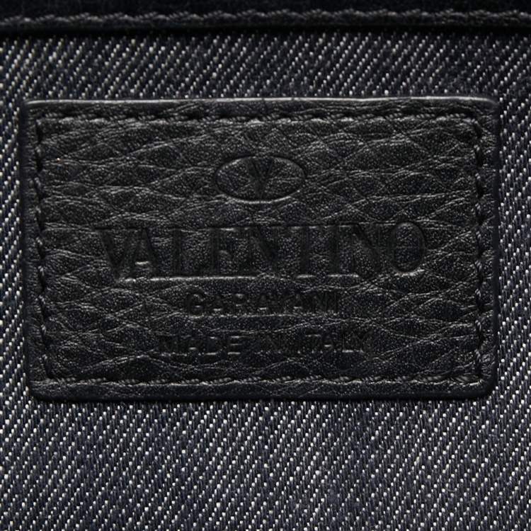 Pre Owned Valentino Black/Navy Blue Denim and Leather Medium Rockstud Glam Lock Flap Bag