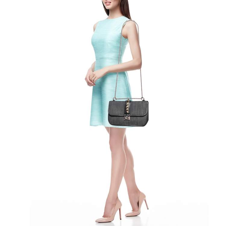 Pre Owned Valentino Black/Navy Blue Denim and Leather Medium Rockstud Glam Lock Flap Bag