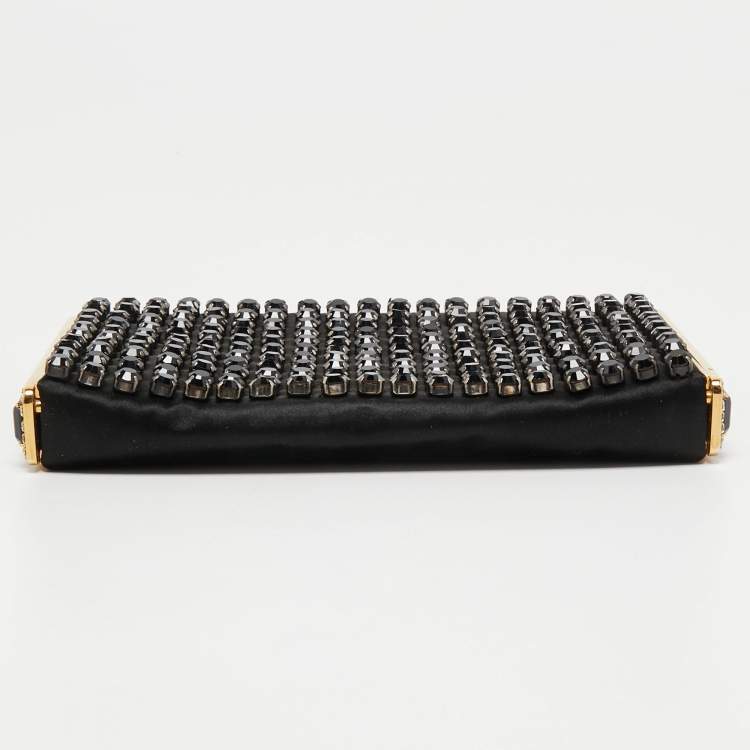 Pre Owned Valentino Black Satin Beaded Crystal Embellished Clutch