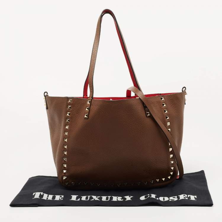 Pre Owned Valentino Brown/Red Leather Rockstud Reversible Tote