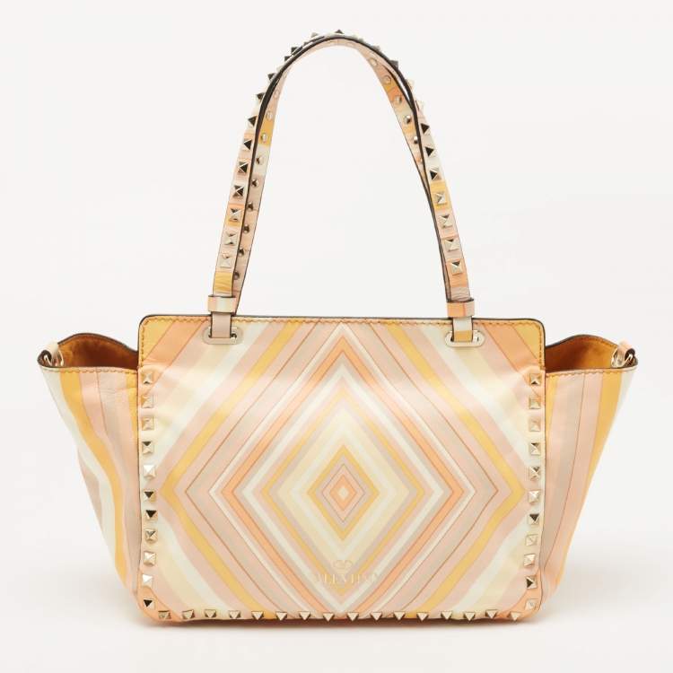 Pre Owned Valentino Multicolor 1975 Striped Leather Small Rockstud Trapeze Tote