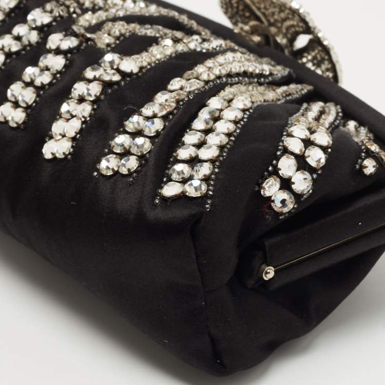 Pre Owned Valentino Black Satin Crystal Embellished Chain Clutch 
