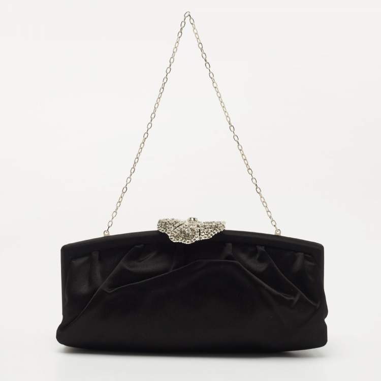 Pre Owned Valentino Black Satin Crystal Embellished Chain Clutch 