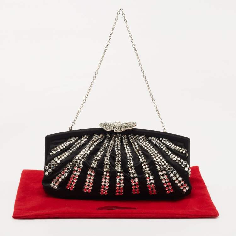 Pre Owned Valentino Black Satin Crystal Embellished Chain Clutch 