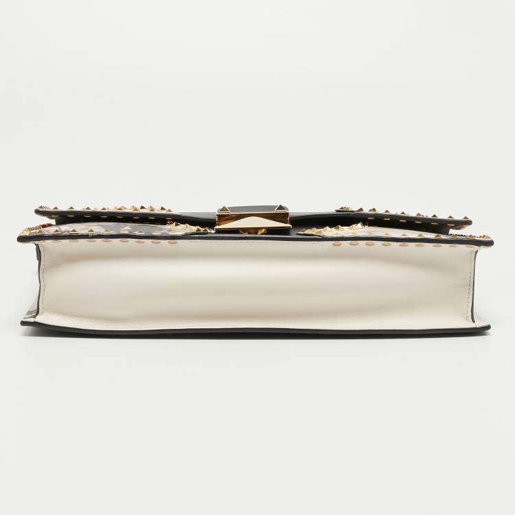 Pre Owned Valentino Black/Cream Floral Print Leather Rockstud Wristlet Clutch