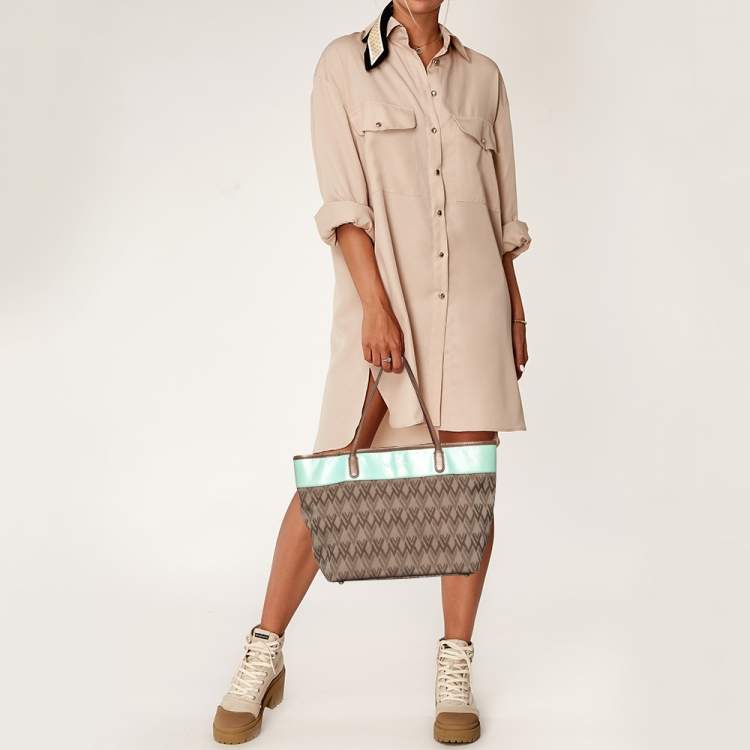 Pre Owned Valentino Brown/Light Green Monogram Canvas and Leather Shopper Tote