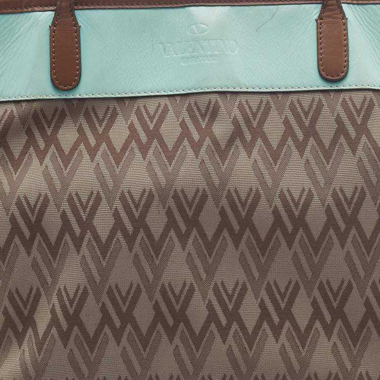 Pre Owned Valentino Brown/Light Green Monogram Canvas and Leather Shopper Tote