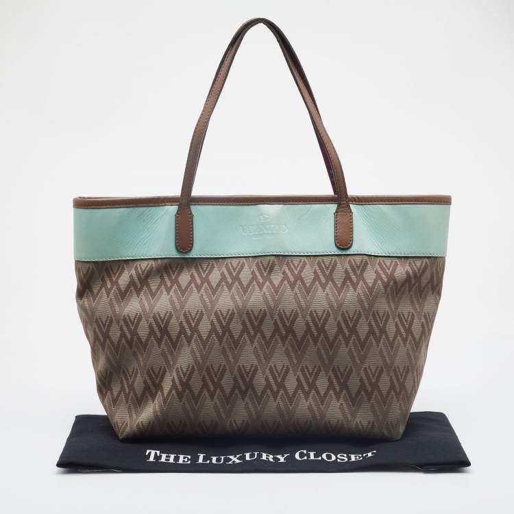 Pre Owned Valentino Brown/Light Green Monogram Canvas and Leather Shopper Tote