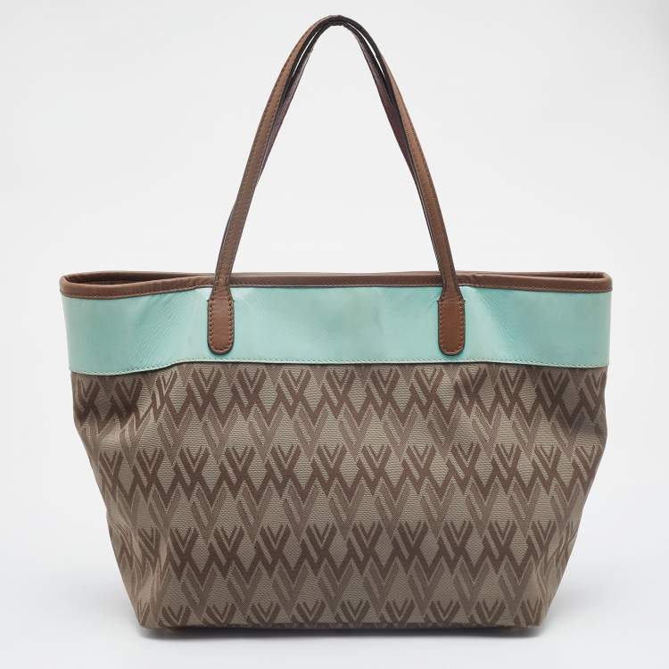 Pre Owned Valentino Brown/Light Green Monogram Canvas and Leather Shopper Tote