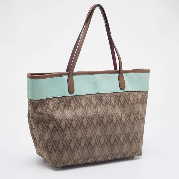 Pre Owned Valentino Brown/Light Green Monogram Canvas and Leather Shopper Tote