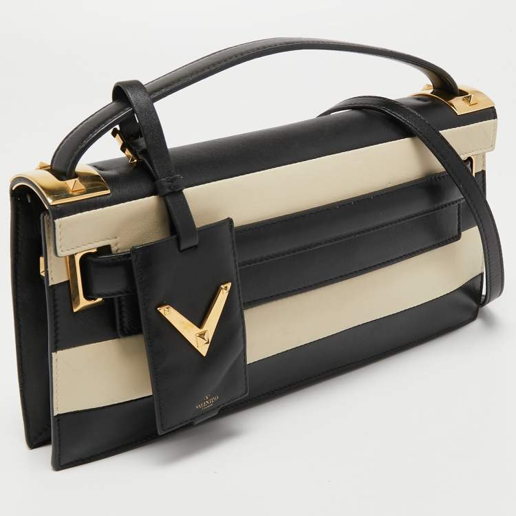 مملوكة مسبقًا Valentino Black/White Striped Leather My Rockstud Top Handle Bag