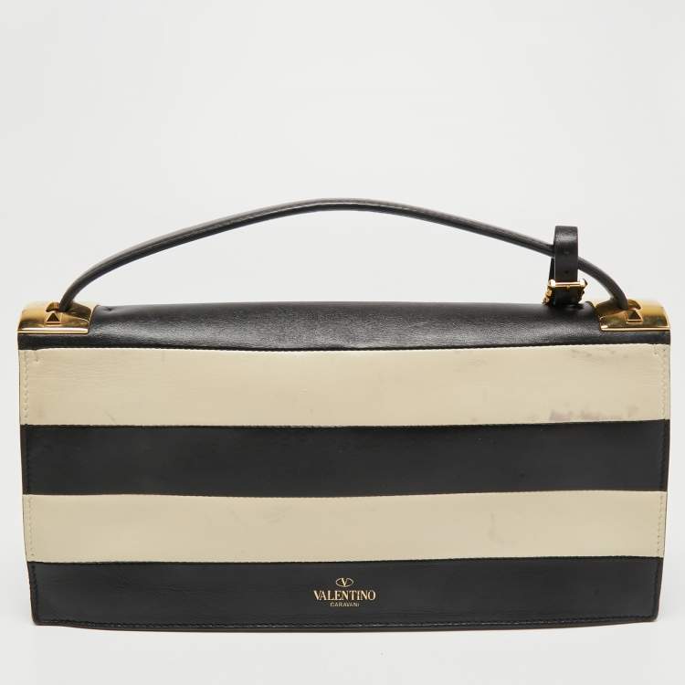 مملوكة مسبقًا Valentino Black/White Striped Leather My Rockstud Top Handle Bag