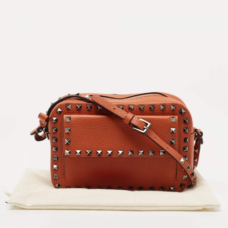 Pre Owned Valentino Brown Leather Rockstud Pocket Camera Crossbody Bag