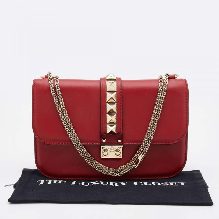 Pre Owned Valentino Red Leather Medium Glam Lock Chain Shoulder Bag