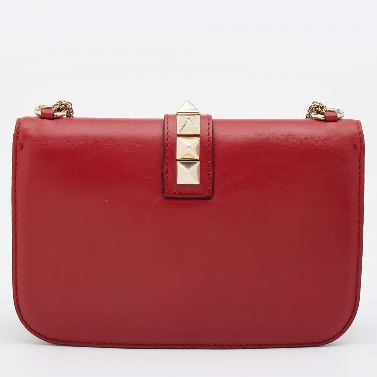 Pre Owned Valentino Red Leather Medium Glam Lock Chain Shoulder Bag