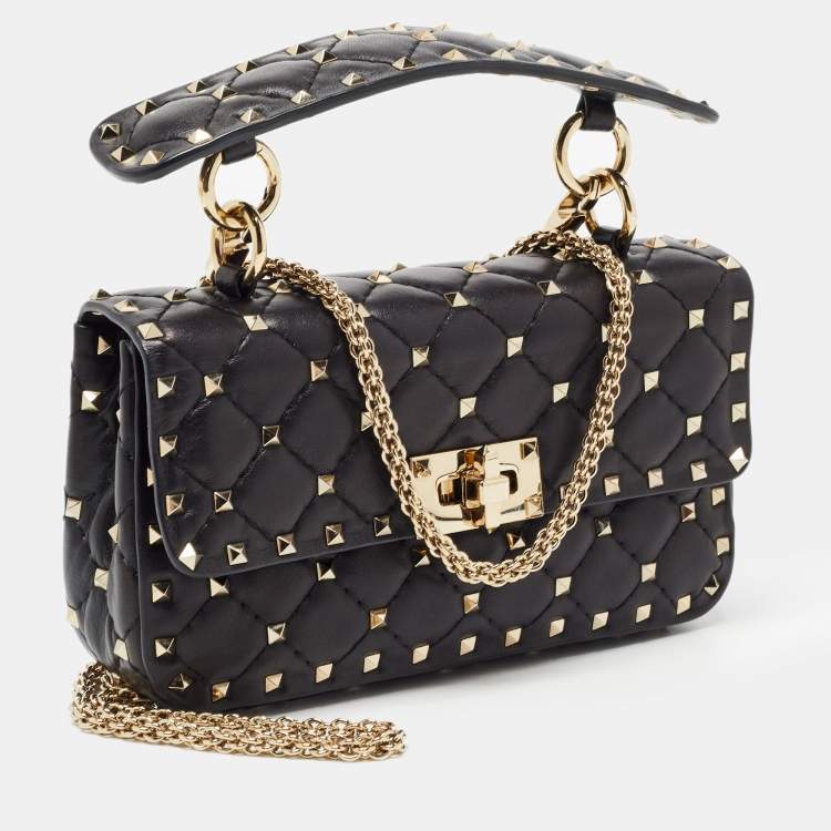 Pre Owned Valentino Black Leather Rockstud Spike Top Handle Bag
