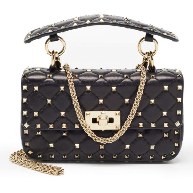 Pre Owned Valentino Black Leather Rockstud Spike Top Handle Bag