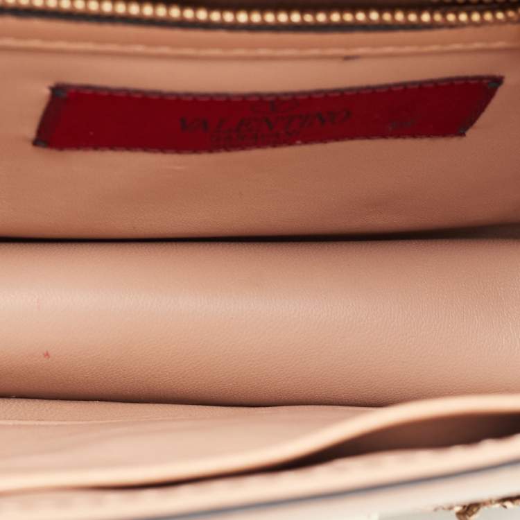 Pre Owned Valentino Beige Leather Small Crystal Embellished Rockstud Glam Lock Flap Bag