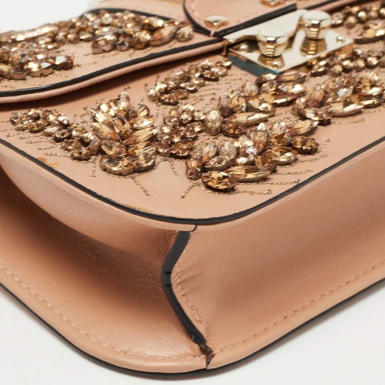 Pre Owned Valentino Beige Leather Small Crystal Embellished Rockstud Glam Lock Flap Bag