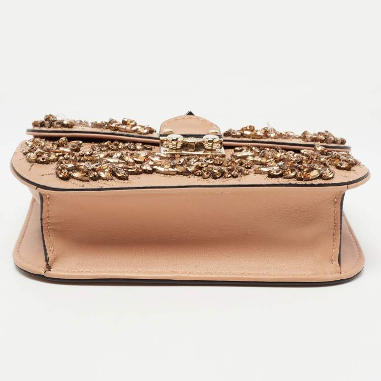 Pre Owned Valentino Beige Leather Small Crystal Embellished Rockstud Glam Lock Flap Bag