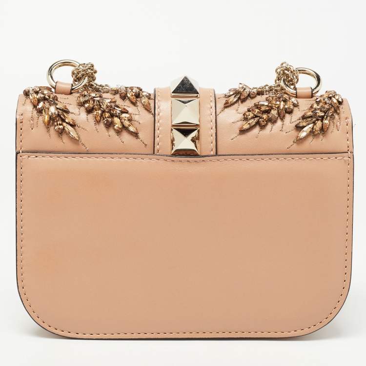 Pre Owned Valentino Beige Leather Small Crystal Embellished Rockstud Glam Lock Flap Bag