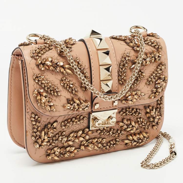 Pre Owned Valentino Beige Leather Small Crystal Embellished Rockstud Glam Lock Flap Bag