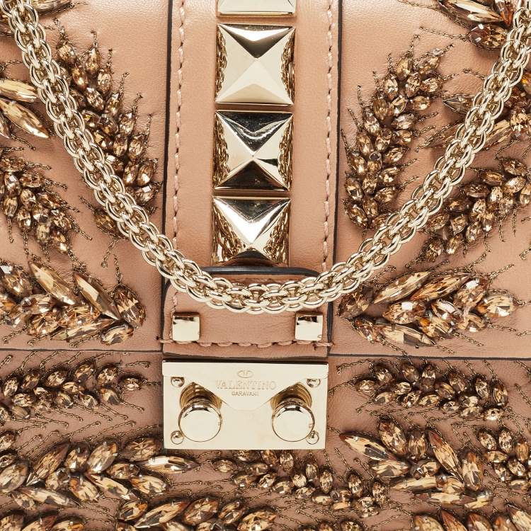 Pre Owned Valentino Beige Leather Small Crystal Embellished Rockstud Glam Lock Flap Bag