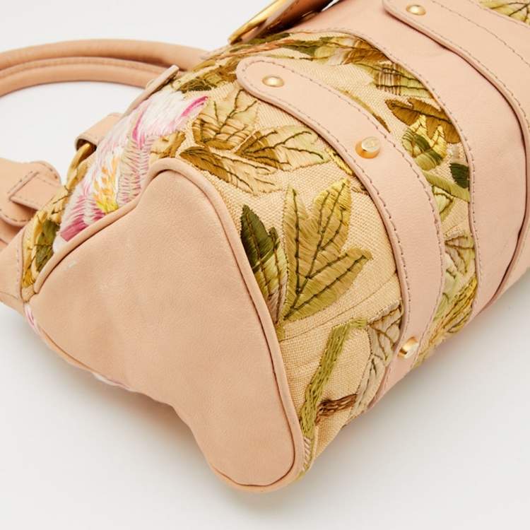 Pre Owned Valentino Beige Leather and Raffia Embroidered Catch Satchel