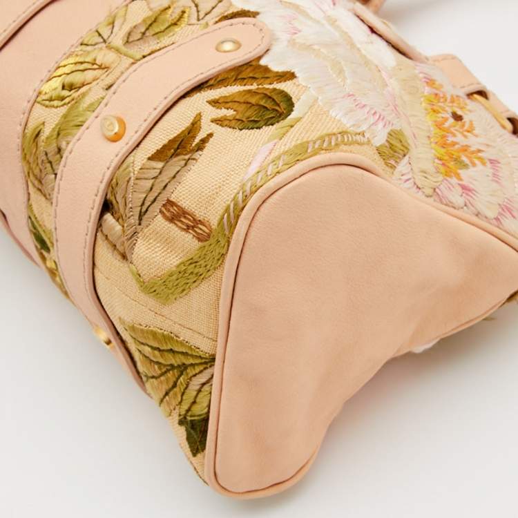 Pre Owned Valentino Beige Leather and Raffia Embroidered Catch Satchel