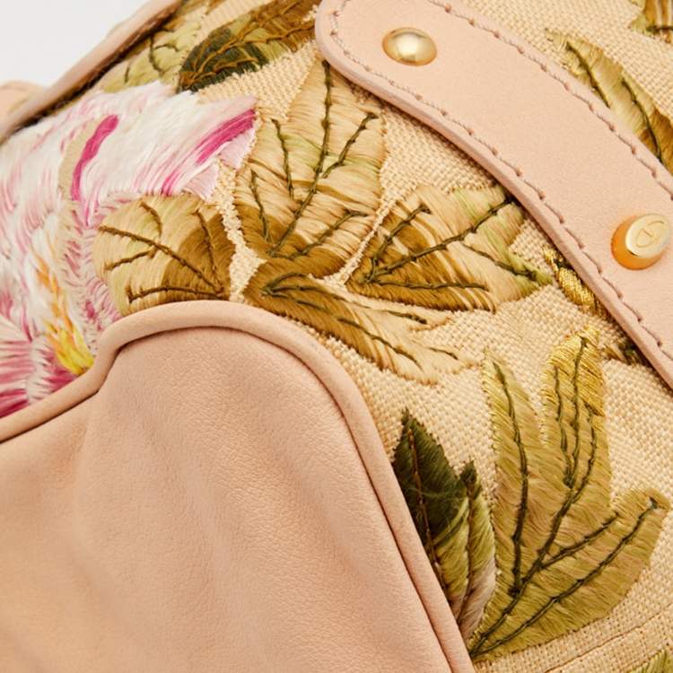 Pre Owned Valentino Beige Leather and Raffia Embroidered Catch Satchel